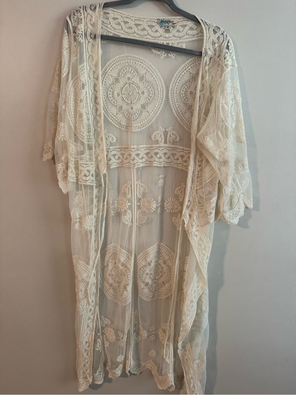 Rebellion Sheer Embroidered Lace Kimono Robe - Ivory/Cream